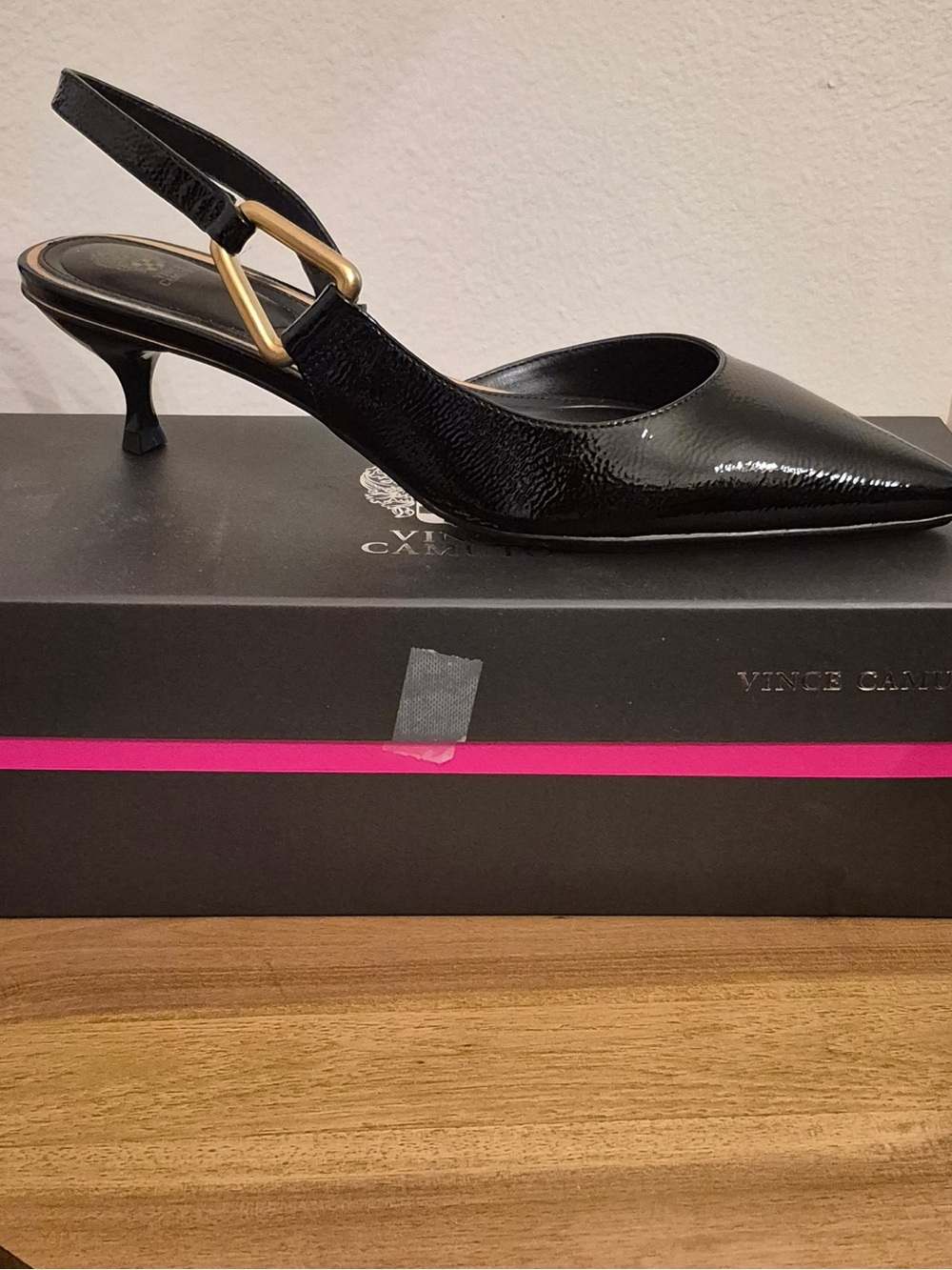 Vince Camuto Black Patent Slingback Kitten Heel with Gold Accent
